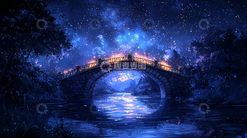 高清大图下载【趣麦麦图】夜晚星空下的古桥