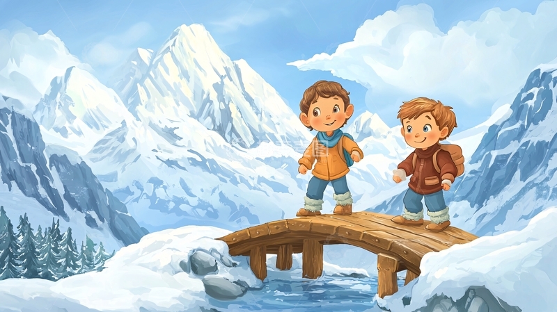 高清大图下载【趣麦麦图】雪山木桥上的两个孩子