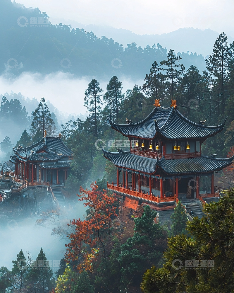 高清大图下载【趣麦麦图】仙境般山峦间的古建筑