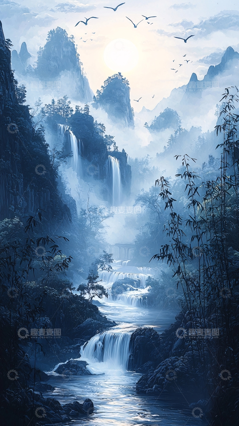 高清大图下载【趣麦麦图】山水瀑布飞鸟水墨画