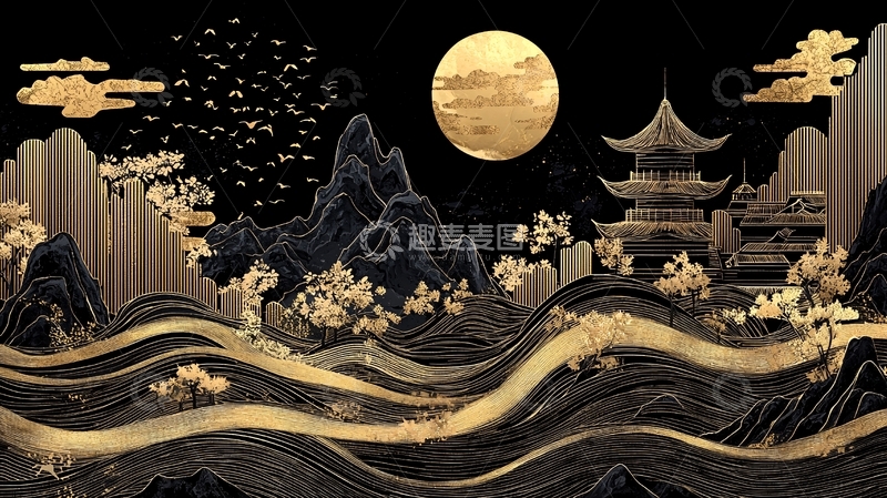 高清大图下载【趣麦麦图】金色山水亭台楼阁的中国风背景