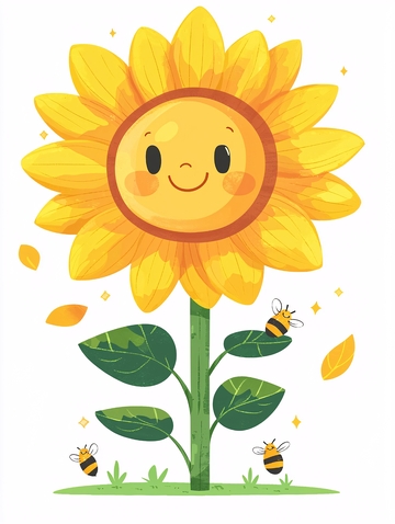 卡通向日葵笑脸和蜜蜂