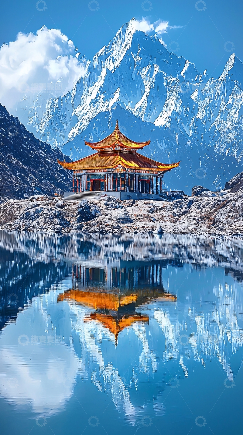 高清大图下载【趣麦麦图】湖面倒影下的雪山寺庙