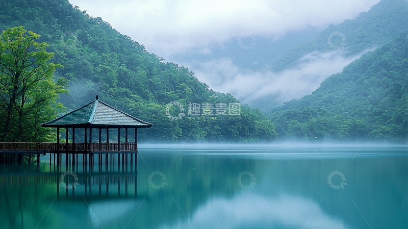 高清大图下载【趣麦麦图】雾气缭绕的湖边亭子
