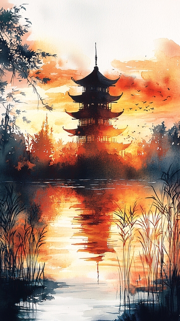 水彩日落下的宝塔