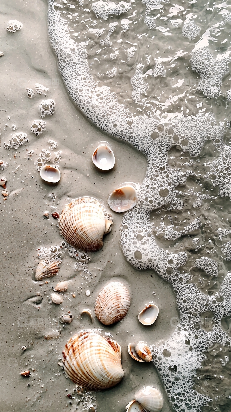 高清大图下载【趣麦麦图】海滩上的贝壳被海浪冲刷