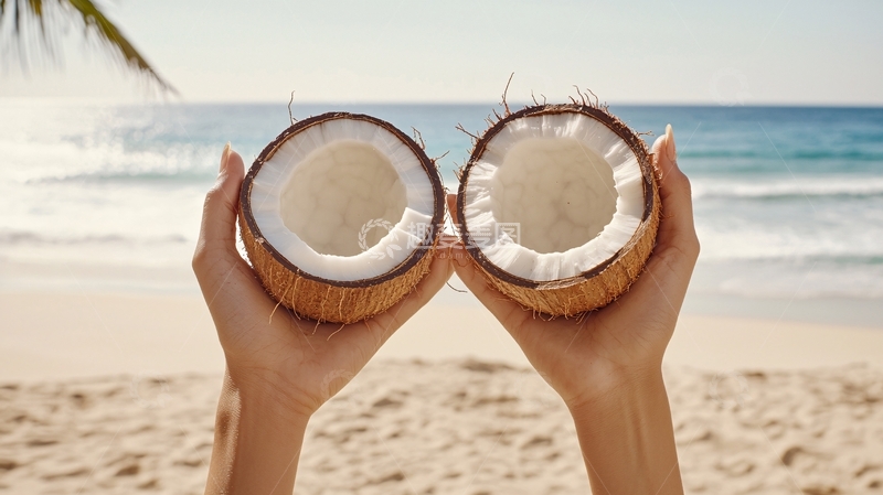 高清大图下载【趣麦麦图】海滩上的人手拿着椰子