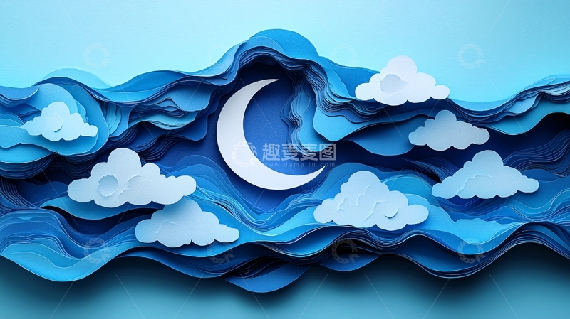 高清大图下载【趣麦麦图】蓝色剪纸风格月亮云朵