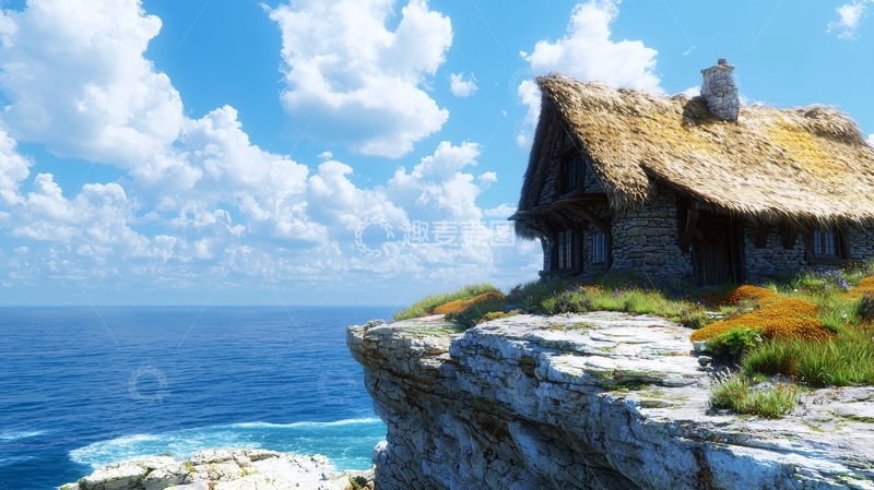 高清大图下载【趣麦麦图】海边悬崖上的茅草屋