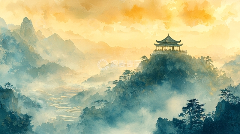高清大图下载【趣麦麦图】山顶凉亭云雾缭绕如仙境