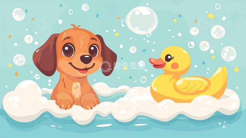 高清大图下载【趣麦麦图】可爱狗狗和鸭子泡泡浴
