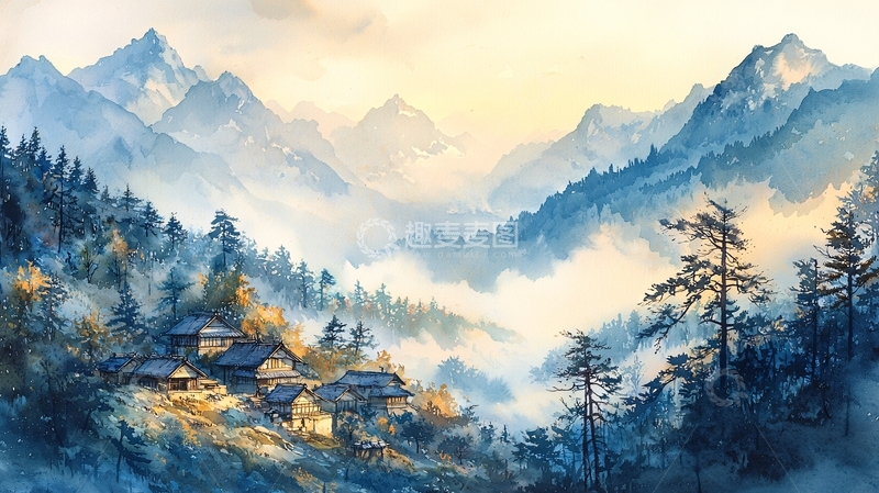 高清大图下载【趣麦麦图】水墨画山村