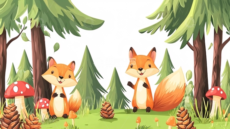 高清大图下载【趣麦麦图】森林里两只可爱的小狐狸