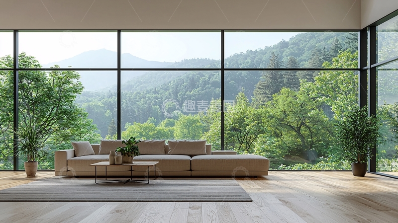 高清大图下载【趣麦麦图】极简风格客厅落地窗大自然景色
