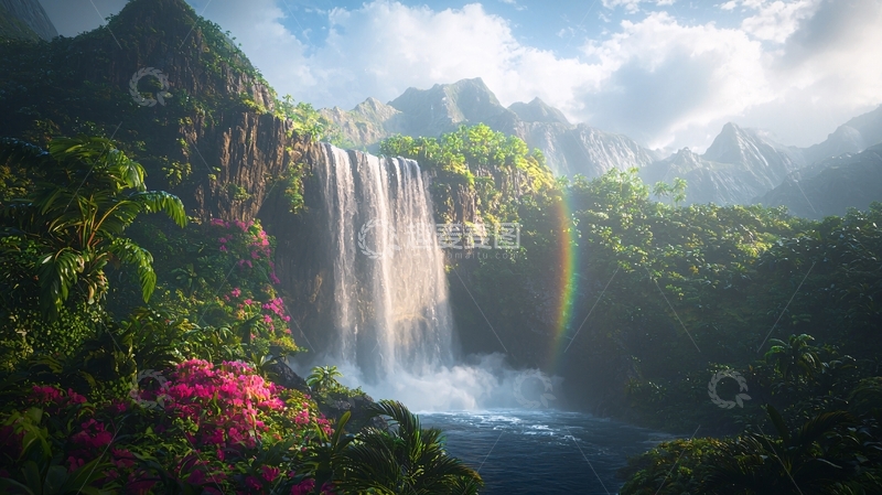 高清大图下载【趣麦麦图】热带雨林瀑布彩虹风景