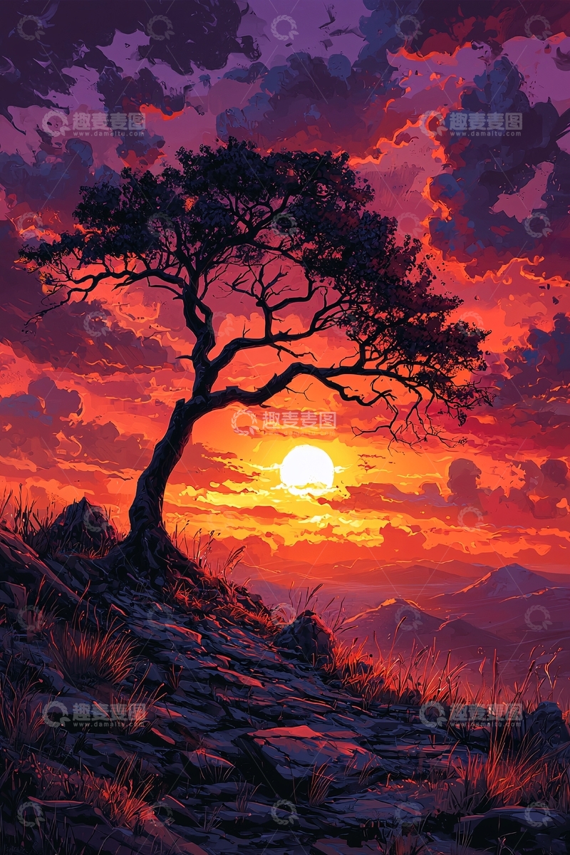高清大图下载【趣麦麦图】孤树夕阳剪影