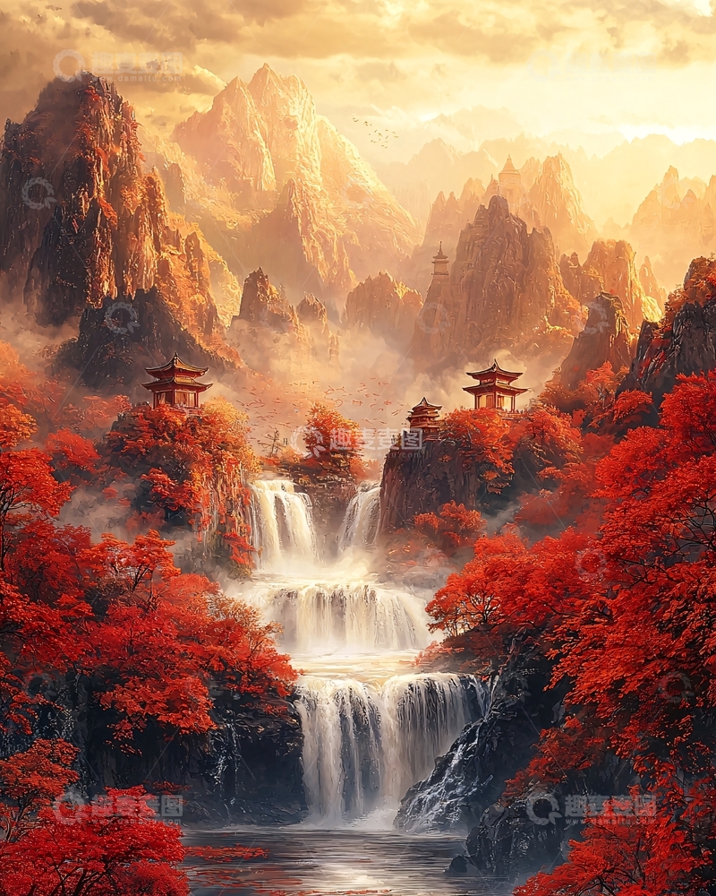 高清大图下载【趣麦麦图】金色秋日山水瀑布