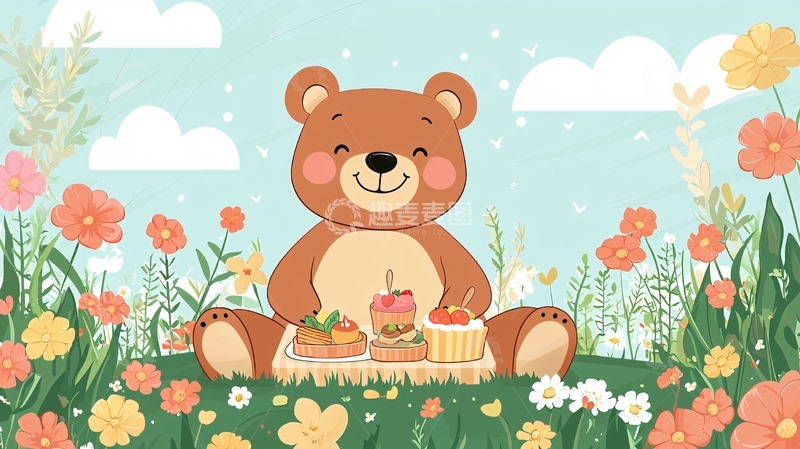 高清大图下载【趣麦麦图】可爱的小熊野餐图