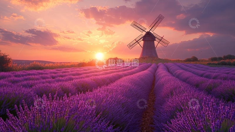 高清大图下载【趣麦麦图】日落薰衣草田风车