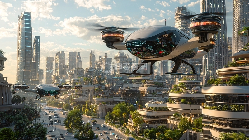 高清大图下载【趣麦麦图】未来城市空中无人机快递