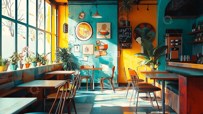 高清大图下载【趣麦麦图】阳光洒进的彩色咖啡馆