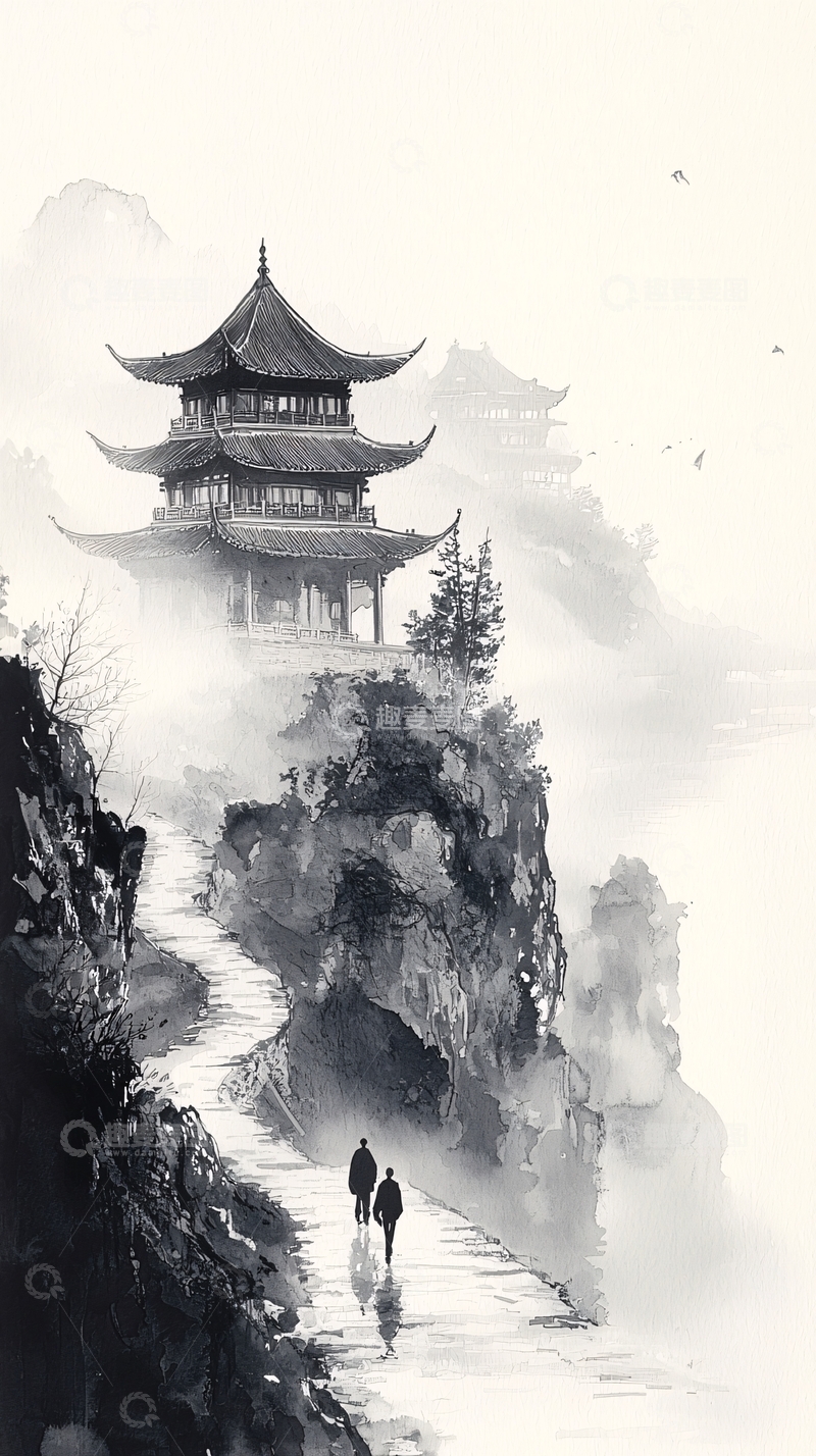 高清大图下载【趣麦麦图】山顶云雾缭绕的宝塔