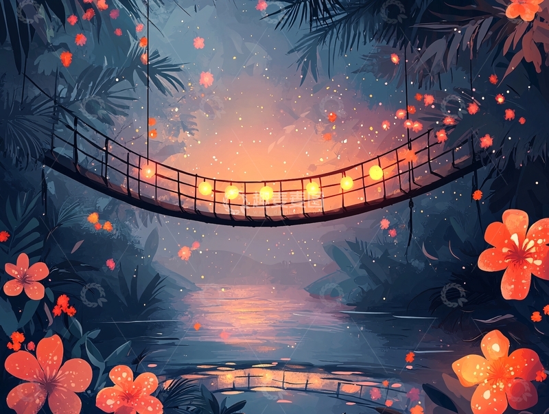 高清大图下载【趣麦麦图】梦幻森林小桥灯光