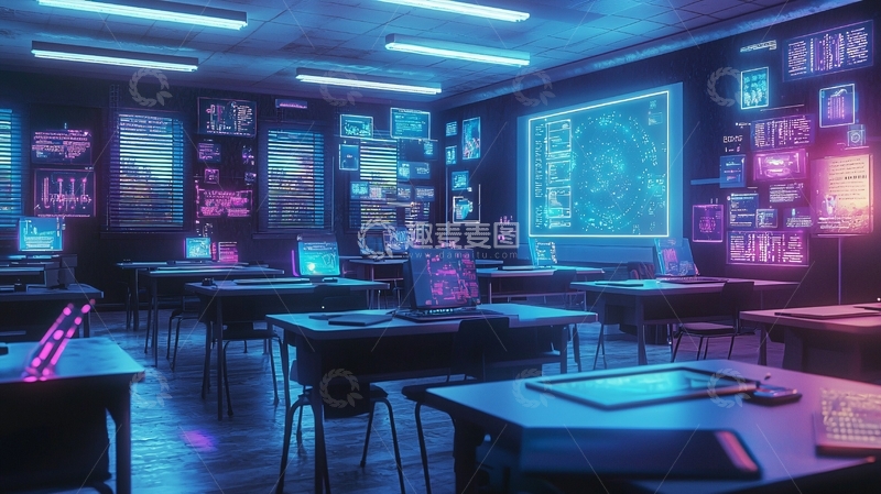 高清大图下载【趣麦麦图】霓虹灯下的未来教室