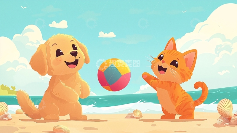 高清大图下载【趣麦麦图】沙滩上玩耍的狗狗和猫咪