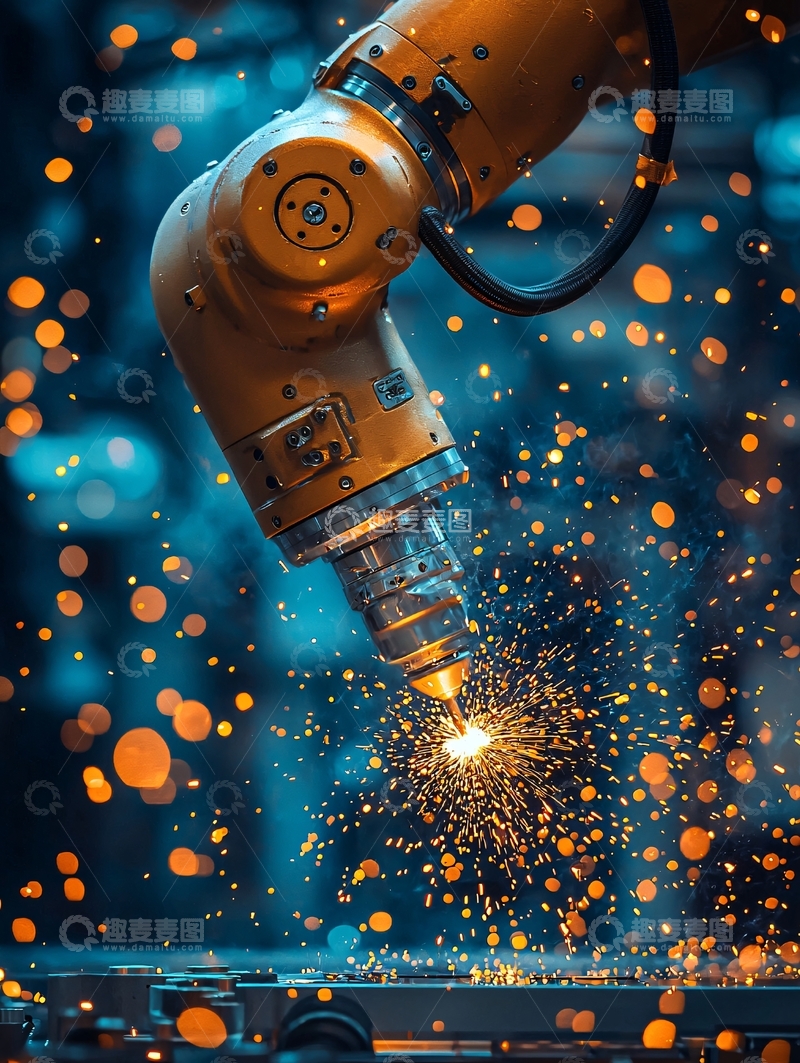 高清大图下载【趣麦麦图】黄色机械臂切割火花四溅