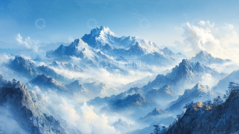 高清大图下载【趣麦麦图】雪山云雾缭绕的唯美景色