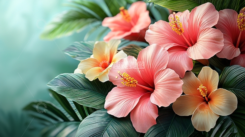 高清大图下载【趣麦麦图】粉色木槿花与绿叶
