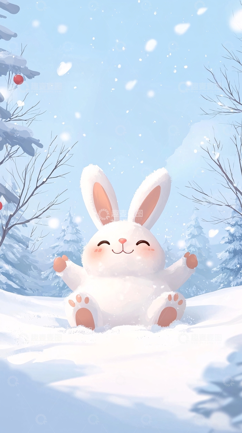高清大图下载【趣麦麦图】冬日雪地里快乐的小白兔