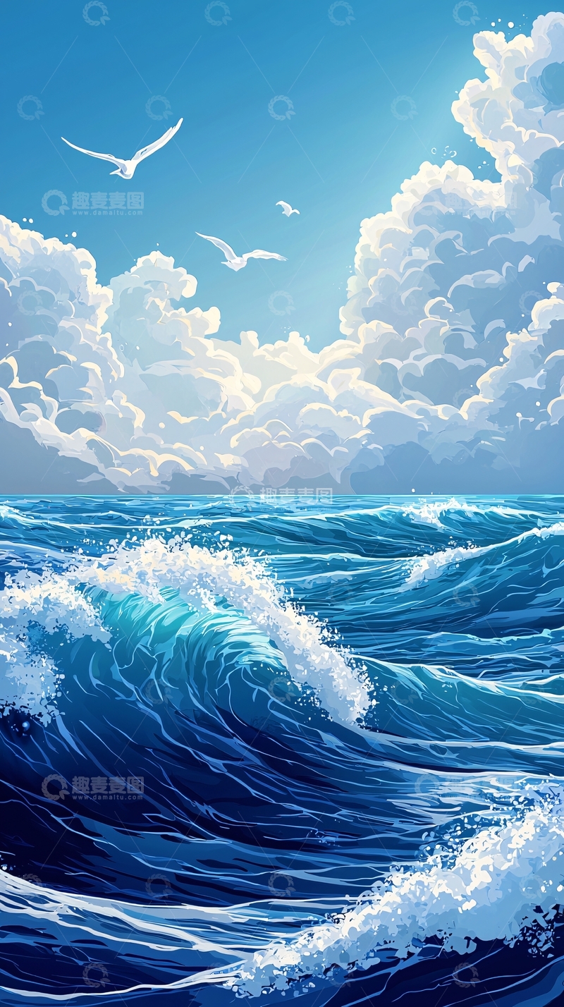 高清大图下载【趣麦麦图】波涛汹涌的海面与蓝天白云