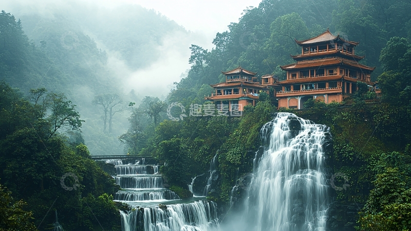 高清大图下载【趣麦麦图】山间瀑布古建筑