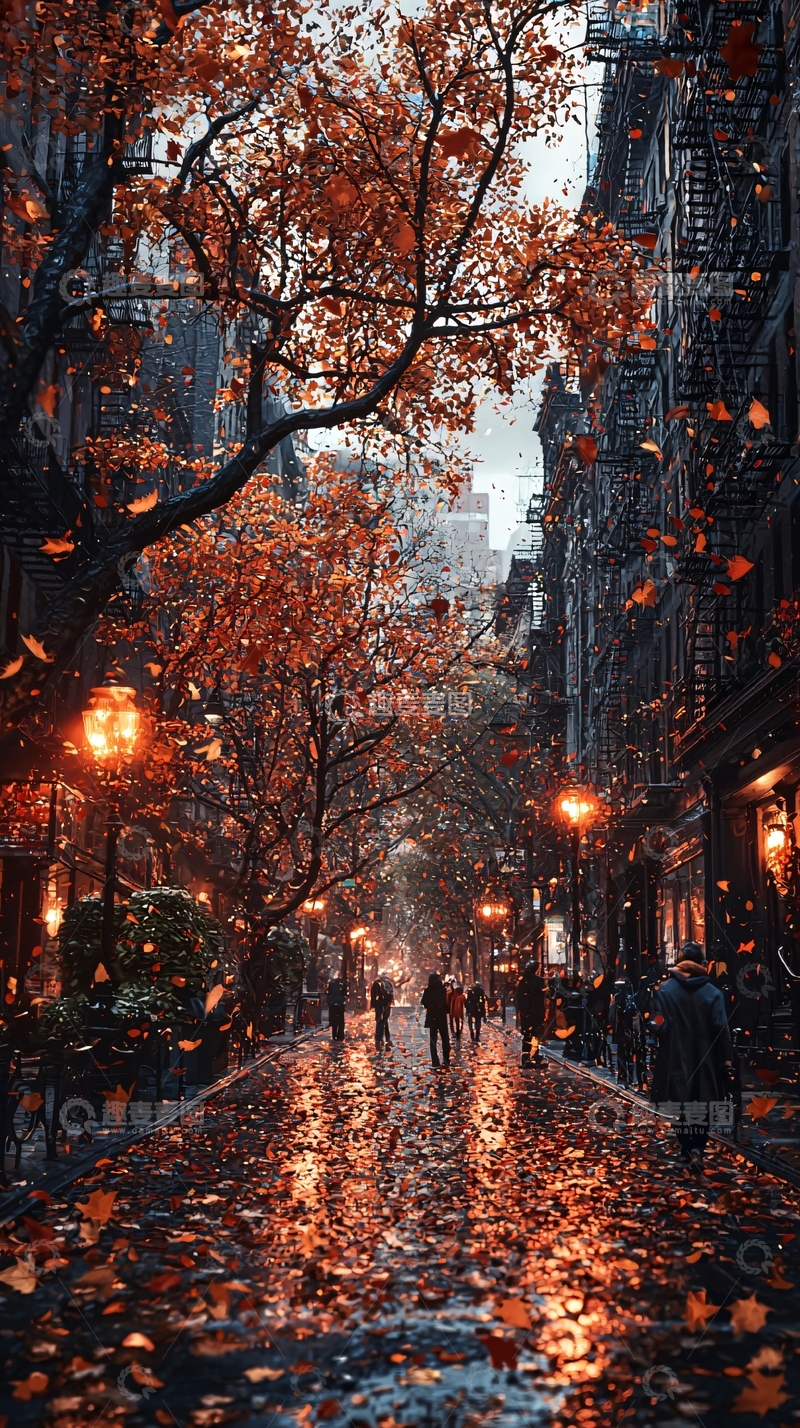 高清大图下载【趣麦麦图】秋雨落叶街道城市夜景