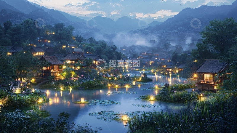 高清大图下载【趣麦麦图】山间夜景村庄