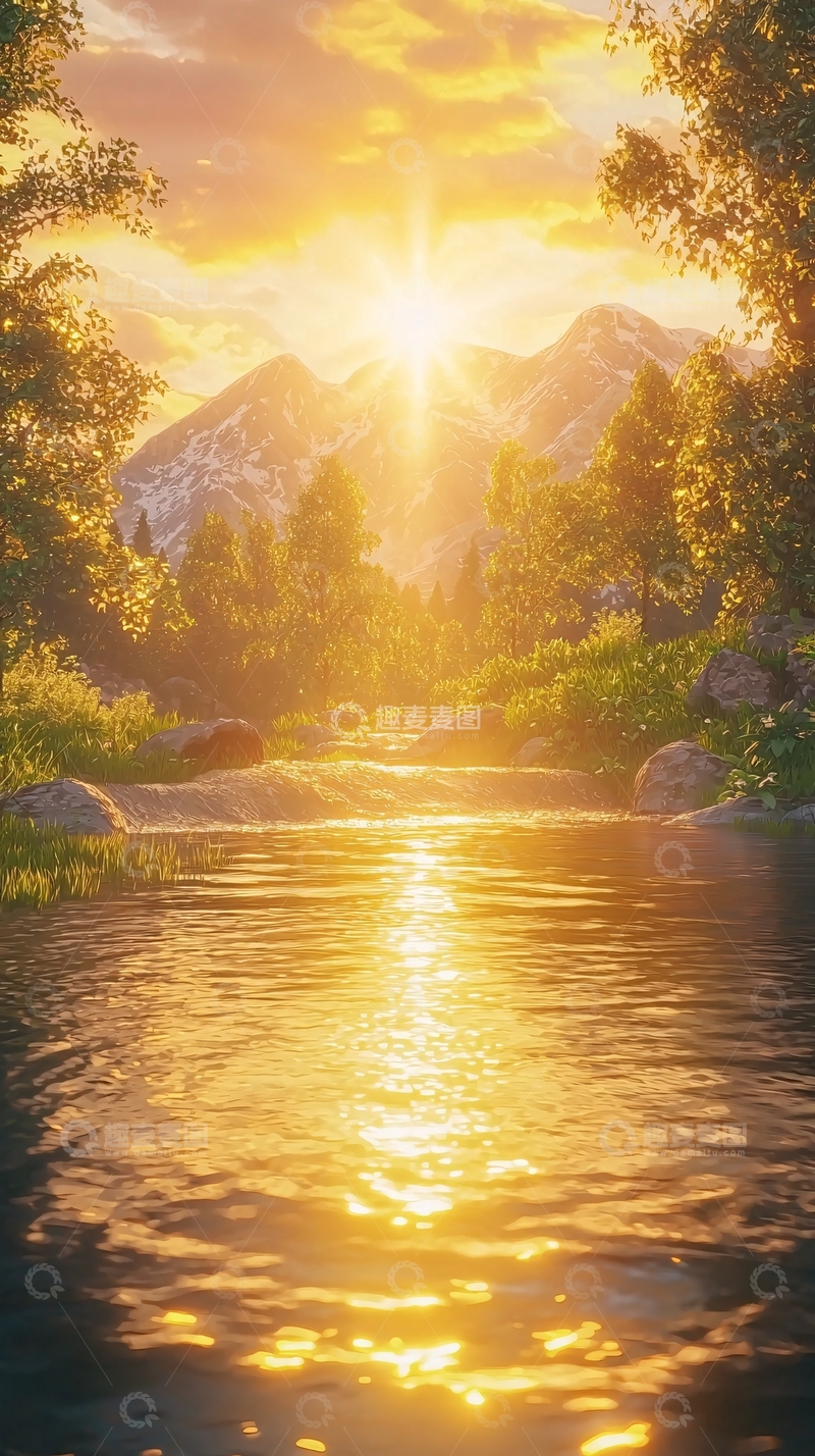 高清大图下载【趣麦麦图】金色夕阳下的山间溪流