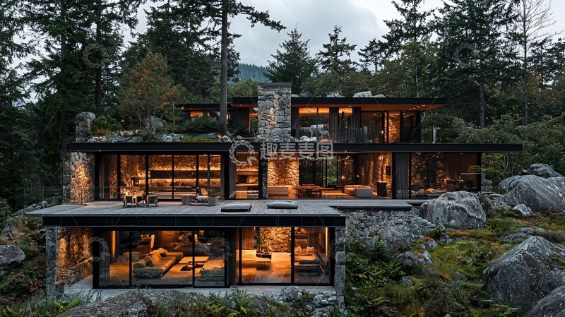 高清大图下载【趣麦麦图】森林环绕的现代山间别墅