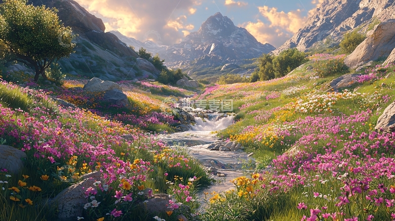 高清大图下载【趣麦麦图】山谷溪流野花盛开