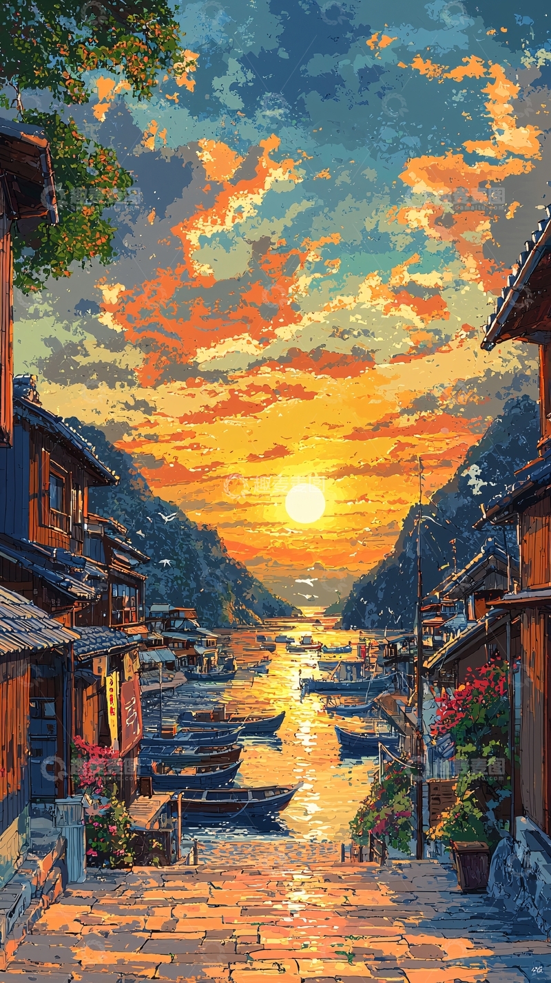 高清大图下载【趣麦麦图】日落小镇风景