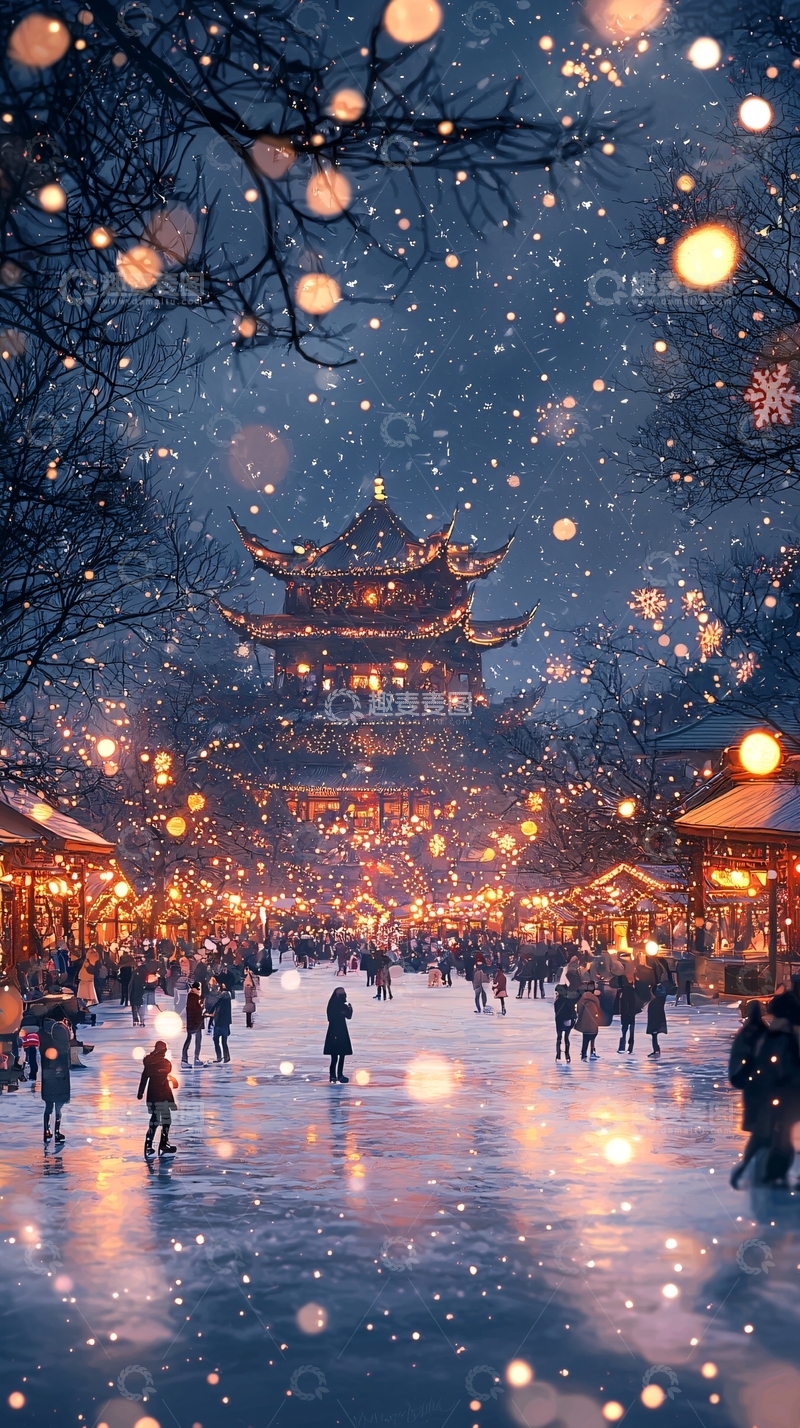高清大图下载【趣麦麦图】冬夜雪景古建筑灯光