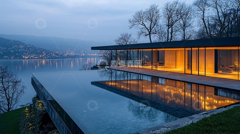 高清大图下载【趣麦麦图】湖景别墅夜景