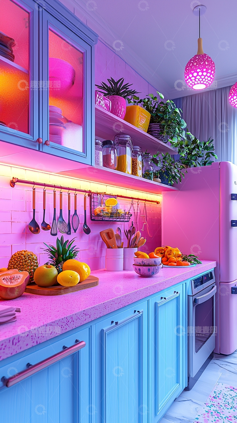 高清大图下载【趣麦麦图】粉色蓝色未来厨房