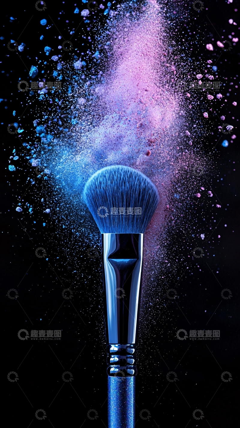 高清大图下载【趣麦麦图】蓝色化妆刷扬起彩色粉末
