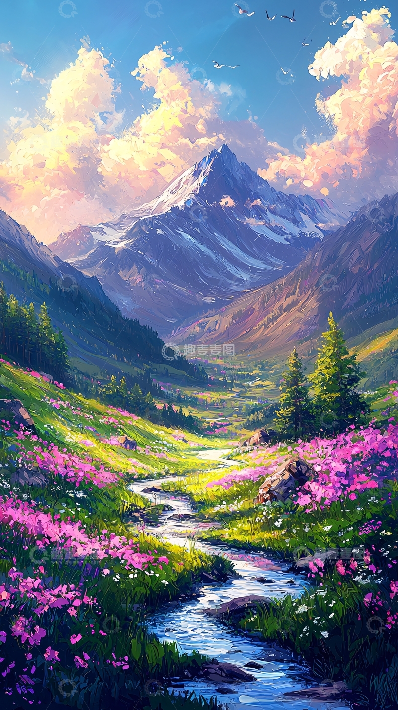 高清大图下载【趣麦麦图】梦幻山谷溪流花海