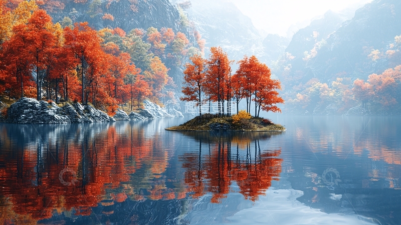 高清大图下载【趣麦麦图】秋日湖泊红枫倒影