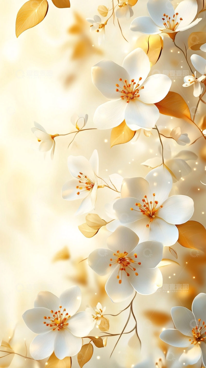 高清大图下载【趣麦麦图】金色枝条上的白色花朵