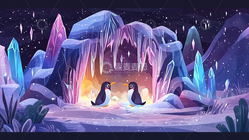 高清大图下载【趣麦麦图】冰川洞穴里两只企鹅