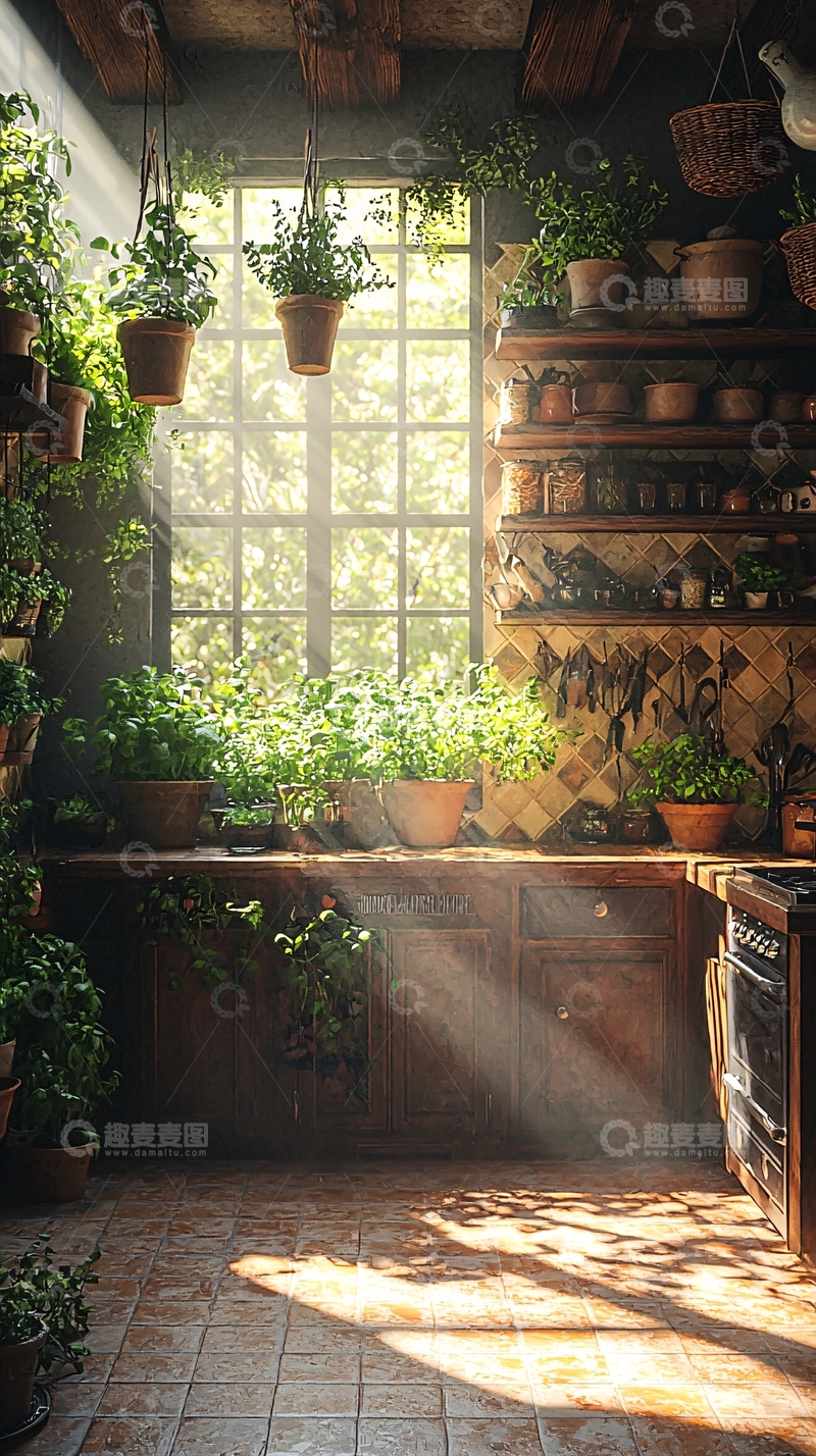 高清大图下载【趣麦麦图】阳光洒进绿意盎然的厨房